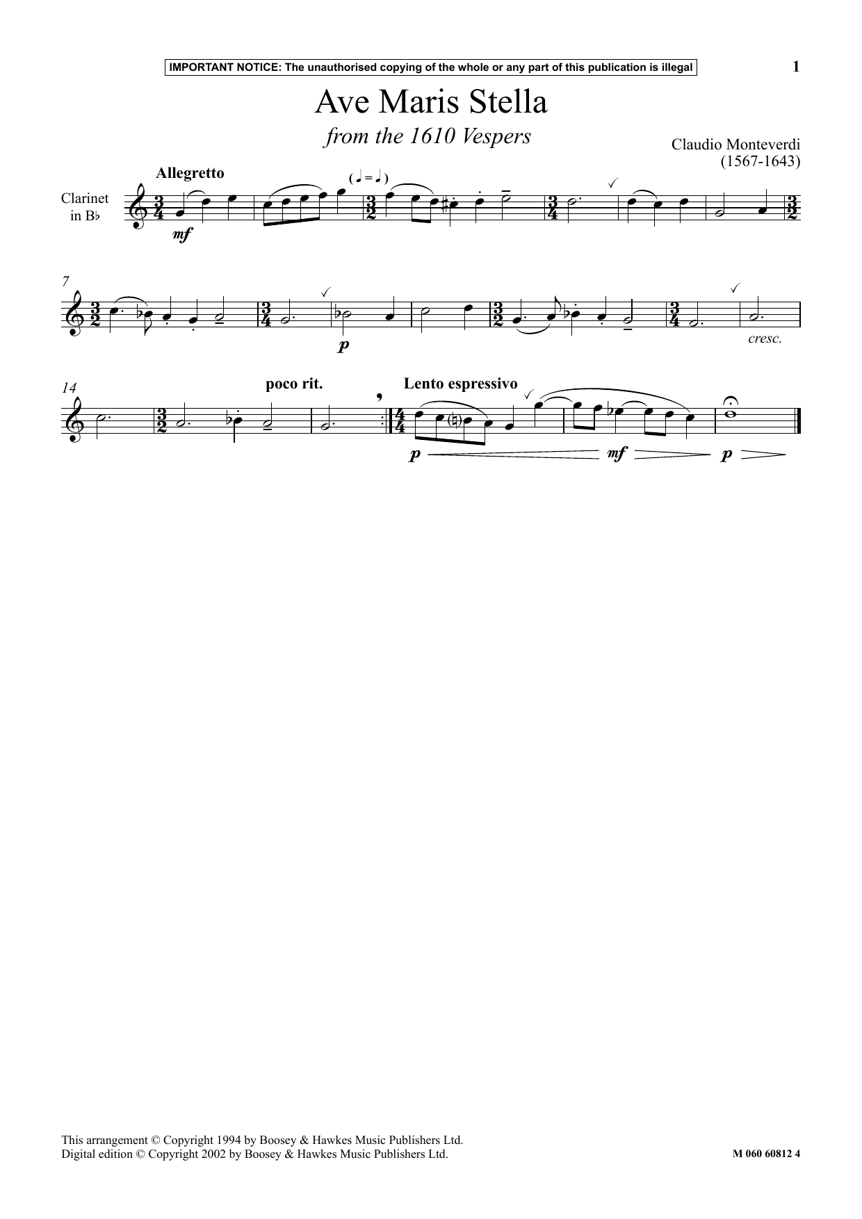Download Claudio Monteverdi Ave Maris Stella (from The 1610 Vespers Sheet Music