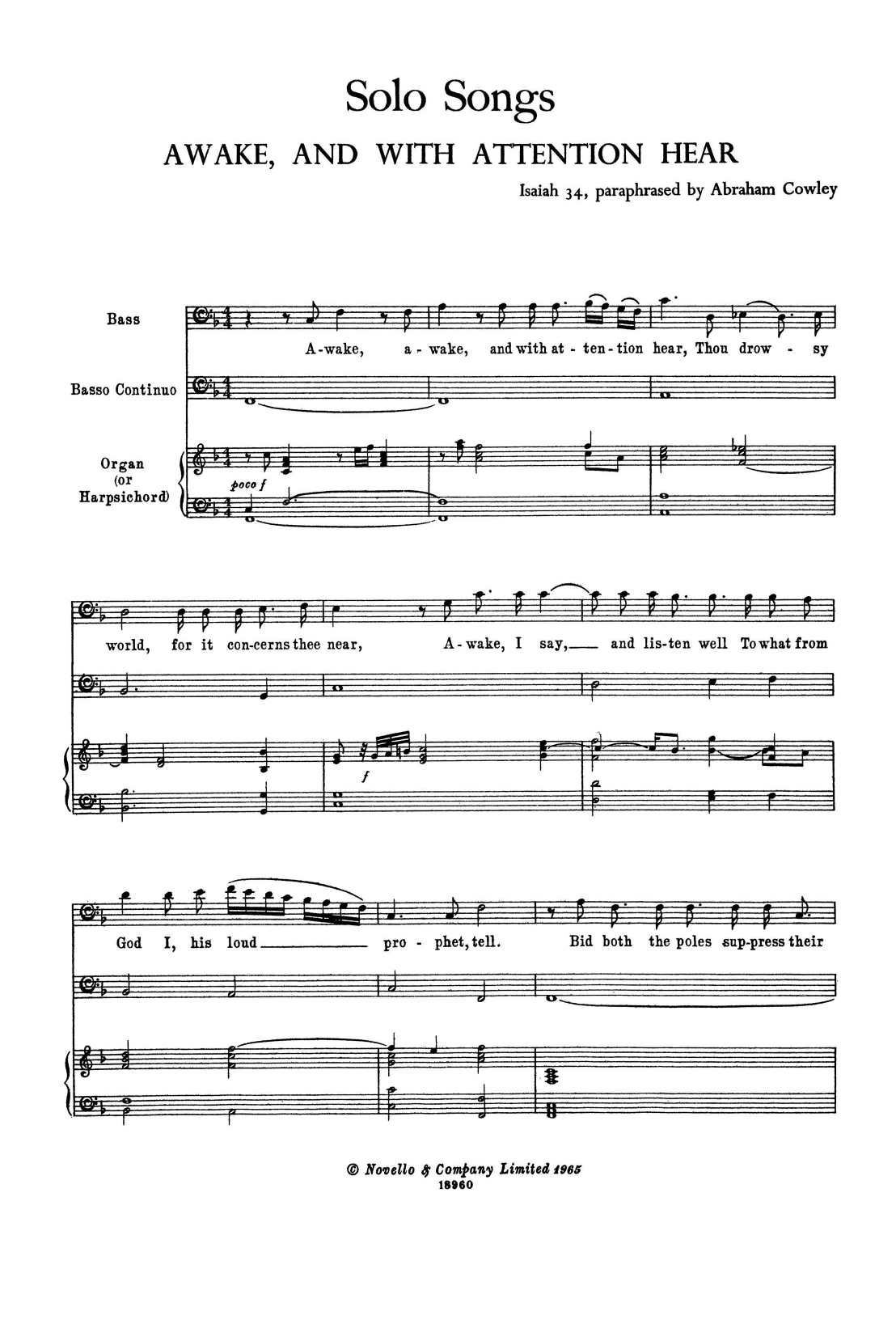 Download Henry Purcell Awake, and with Attention Hear (for Voi Sheet Music