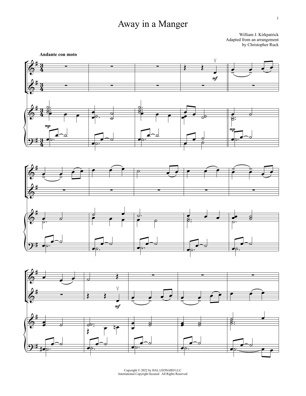 Download Traditional Away In A Manger (for Violin Duet and P Sheet Music