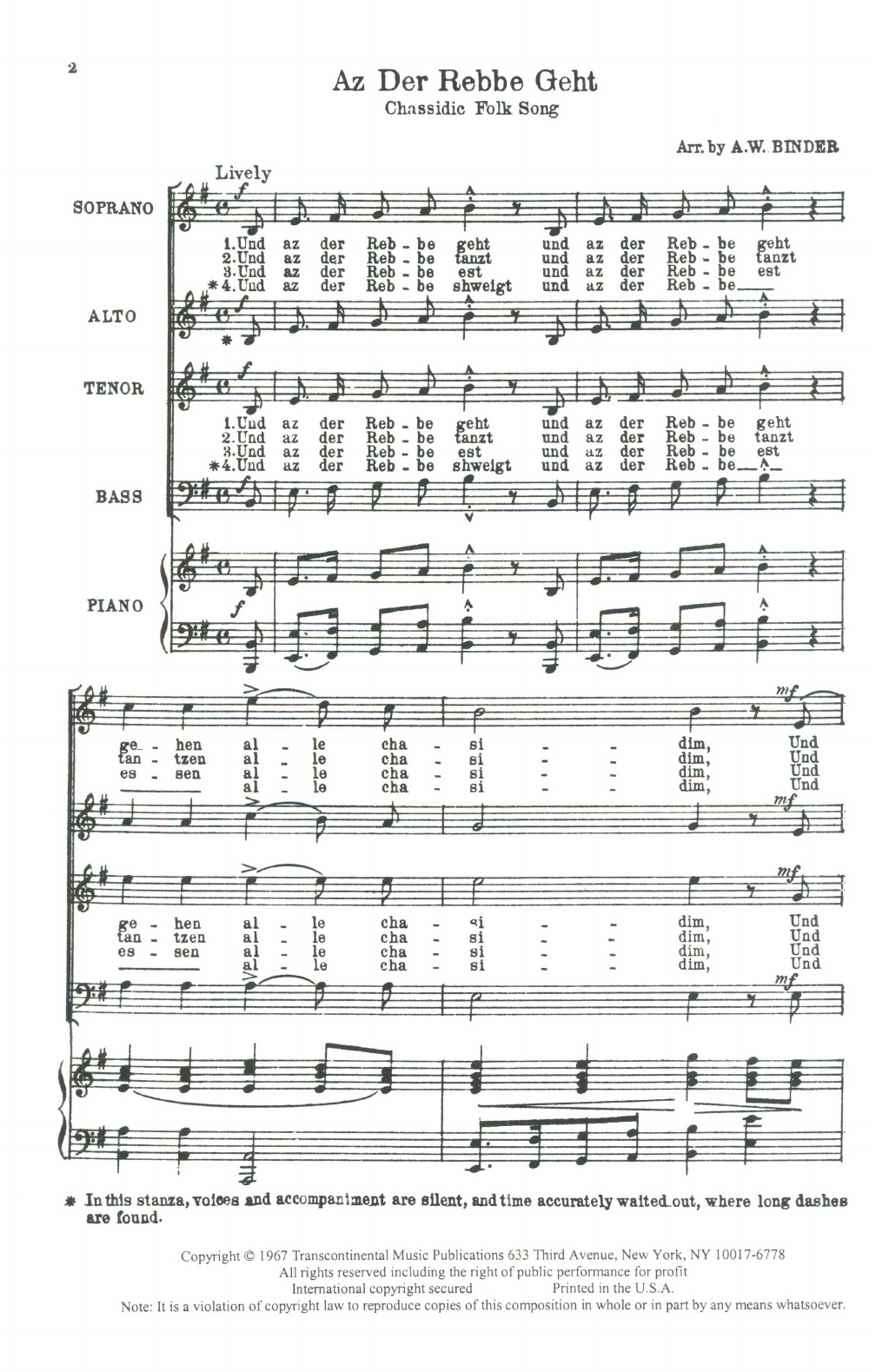 Download Chassidic Folk Song Az Der Rebbe Geht (arr. A.W. Binder) Sheet Music