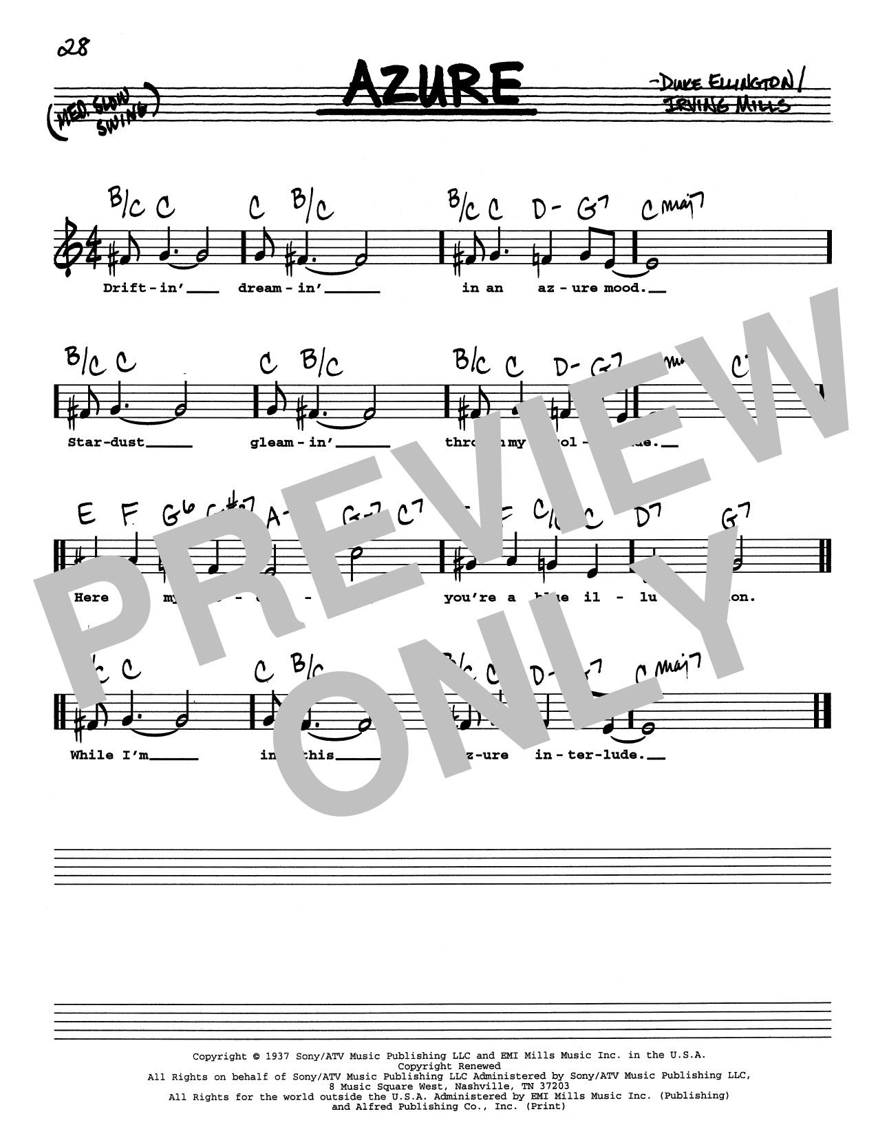 Duke Ellington Azure (Low Voice) sheet music notes printable PDF score