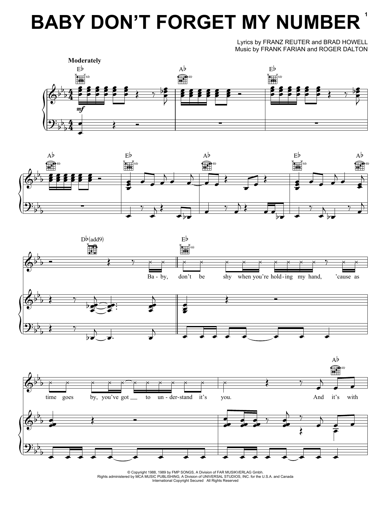 Download Milli Vanilli Baby Don't Forget My Number Sheet Music