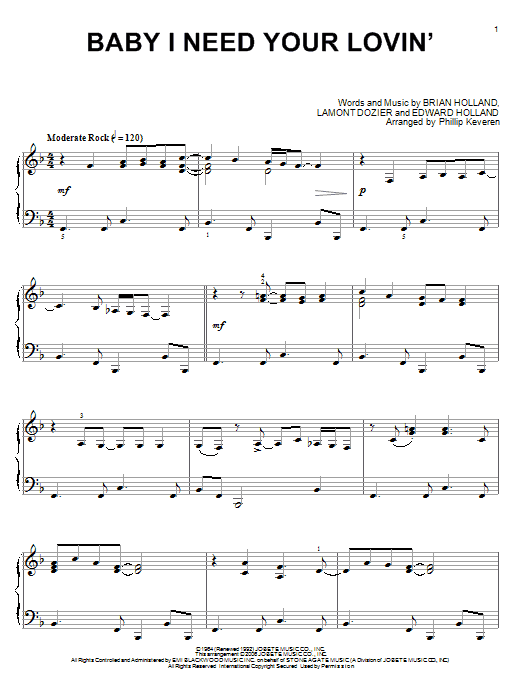 Download The Four Tops Baby I Need Your Lovin' Sheet Music