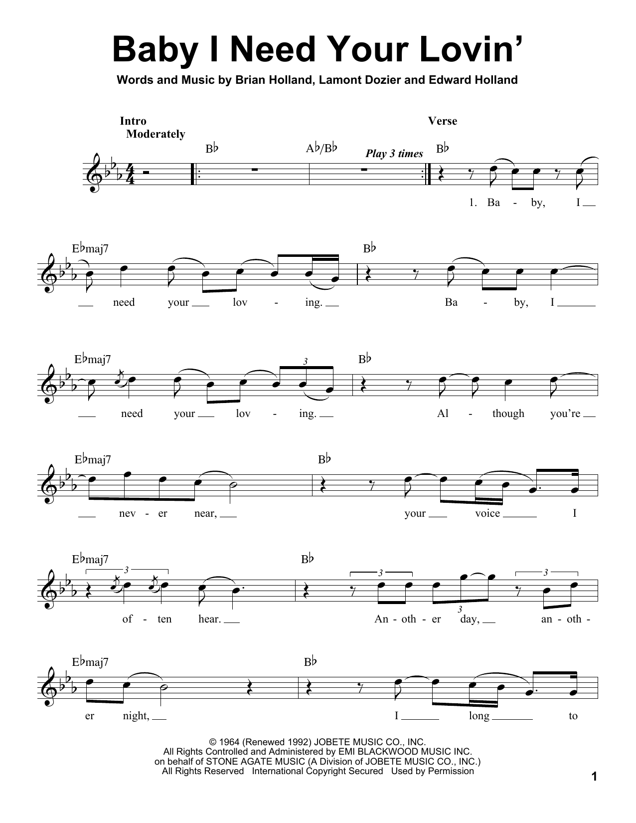 Download The Four Tops Baby I Need Your Lovin' Sheet Music