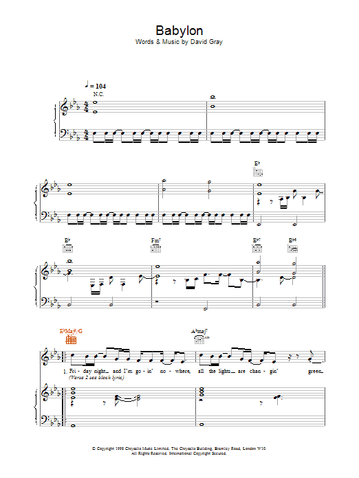 David Gray Babylon sheet music notes printable PDF score