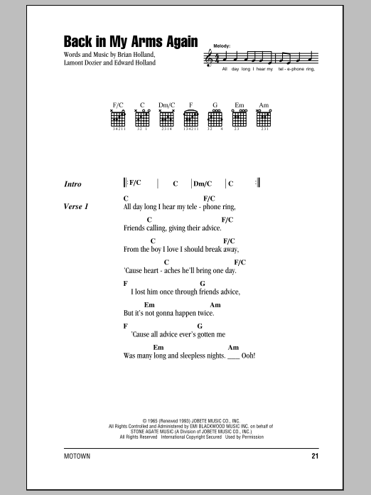 Download The Supremes Back In My Arms Again Sheet Music