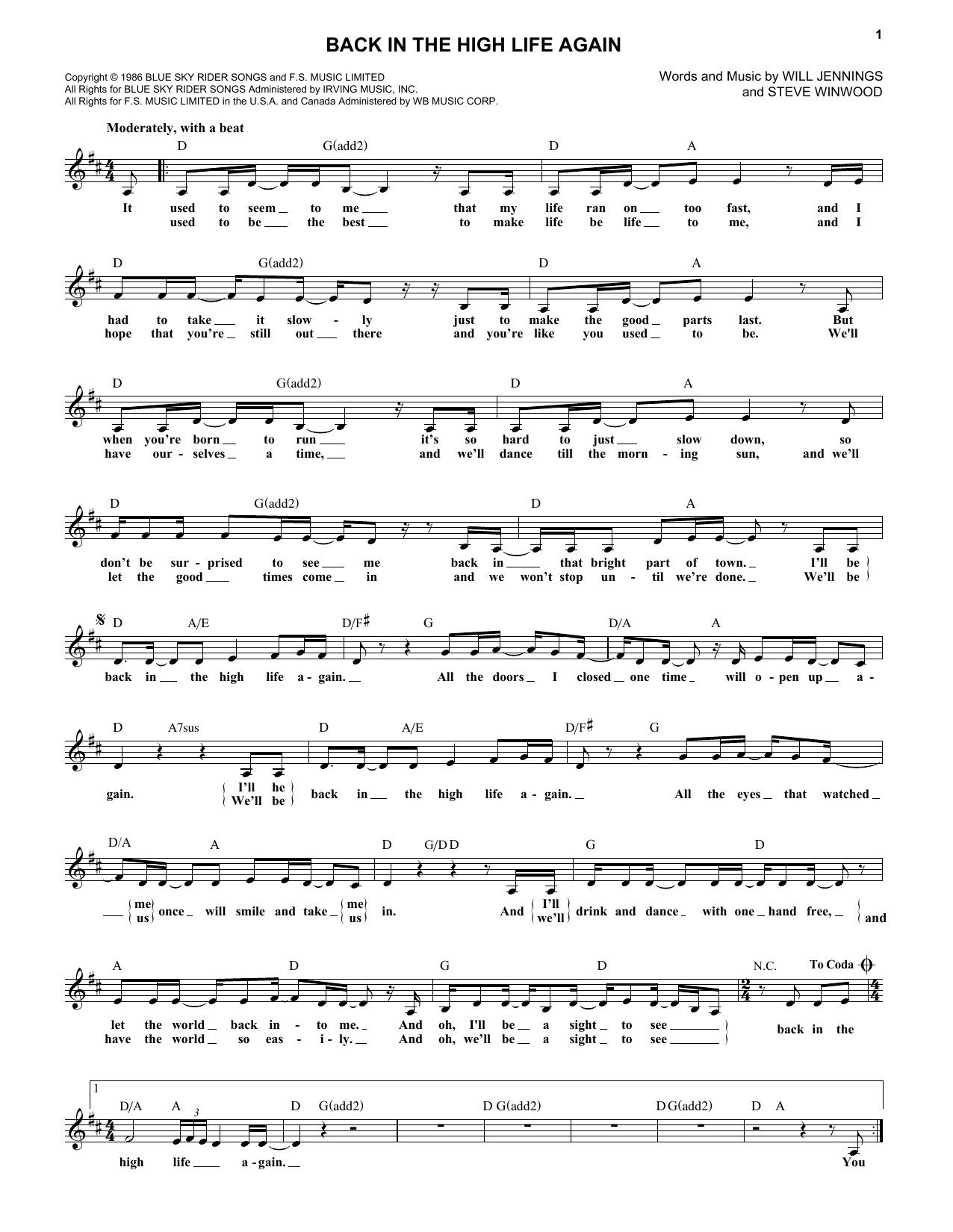 Download Steve Winwood Back In The High Life Again Sheet Music