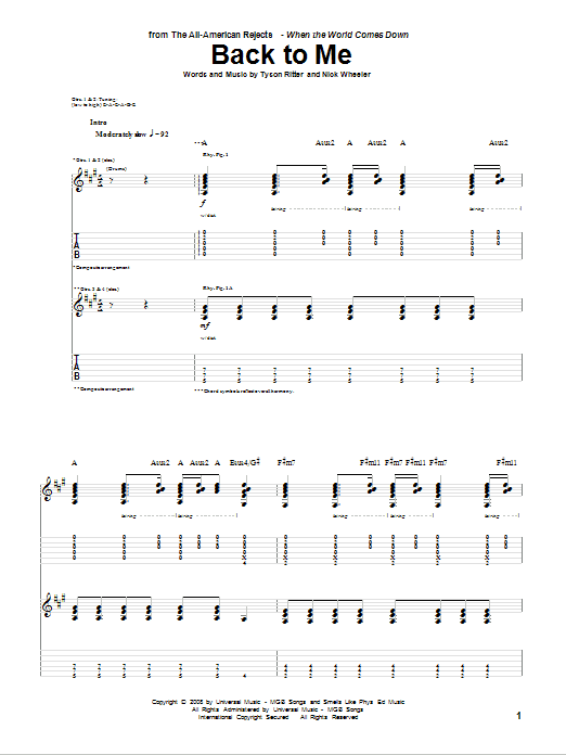 Download The All-American Rejects Back To Me Sheet Music