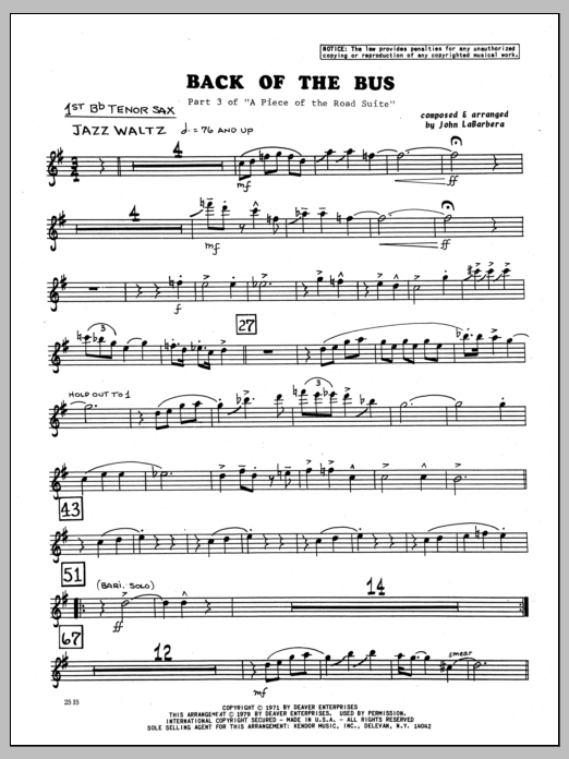 Download John LaBarbara Back Of The Bus - 1st Bb Tenor Saxophon Sheet Music