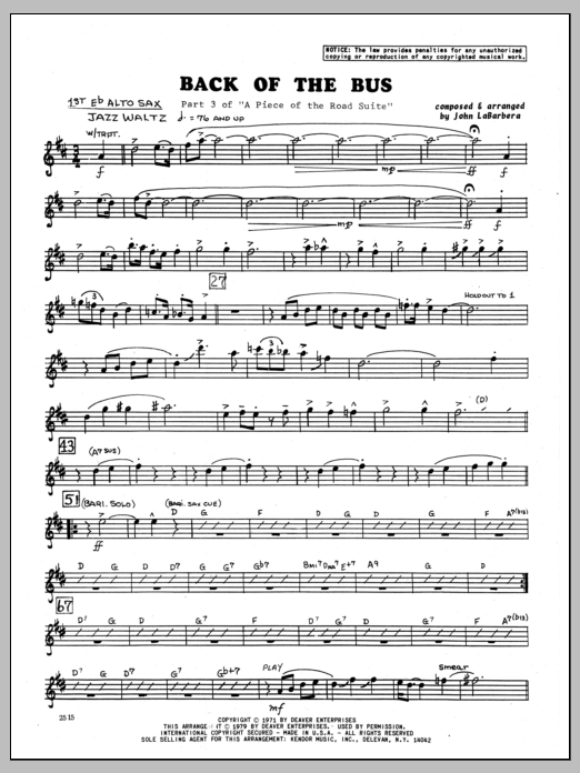 Download John LaBarbara Back Of The Bus - 1st Eb Alto Saxophone Sheet Music