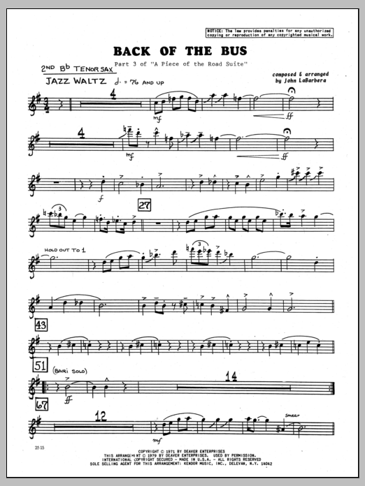 Download John LaBarbara Back Of The Bus - 2nd Bb Tenor Saxophon Sheet Music