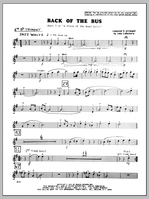 Download John LaBarbara Back Of The Bus - 4th Bb Trumpet Sheet Music