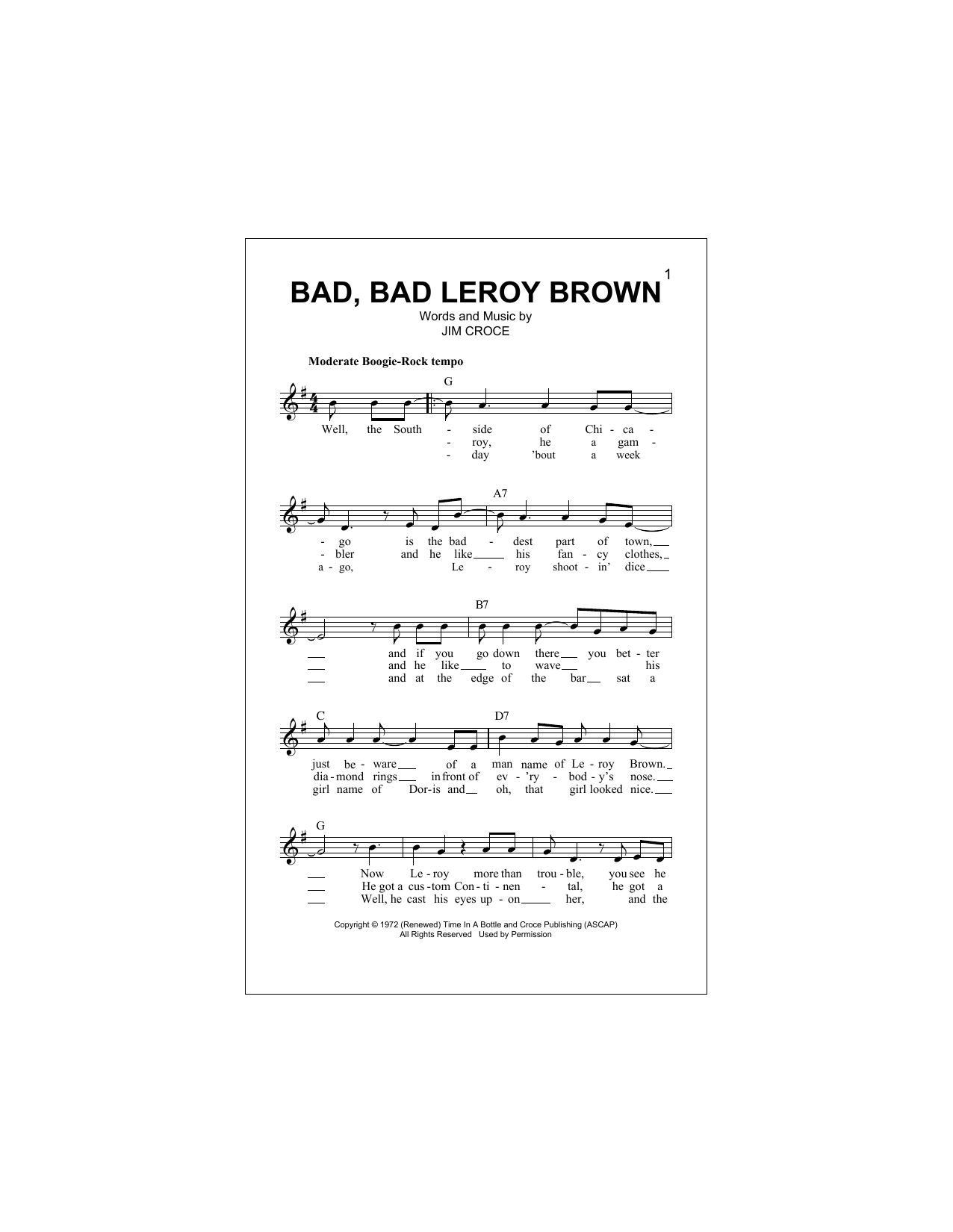 Download Jim Croce Bad, Bad Leroy Brown Sheet Music