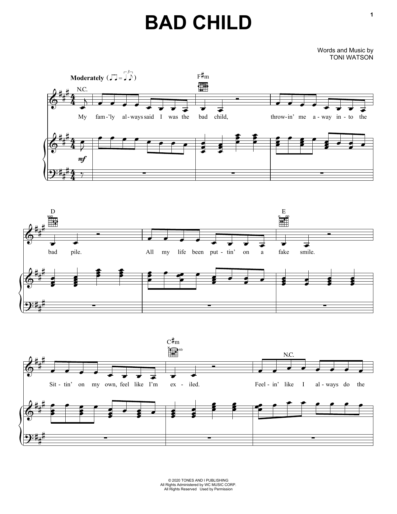 Download Tones And I Bad Child Sheet Music