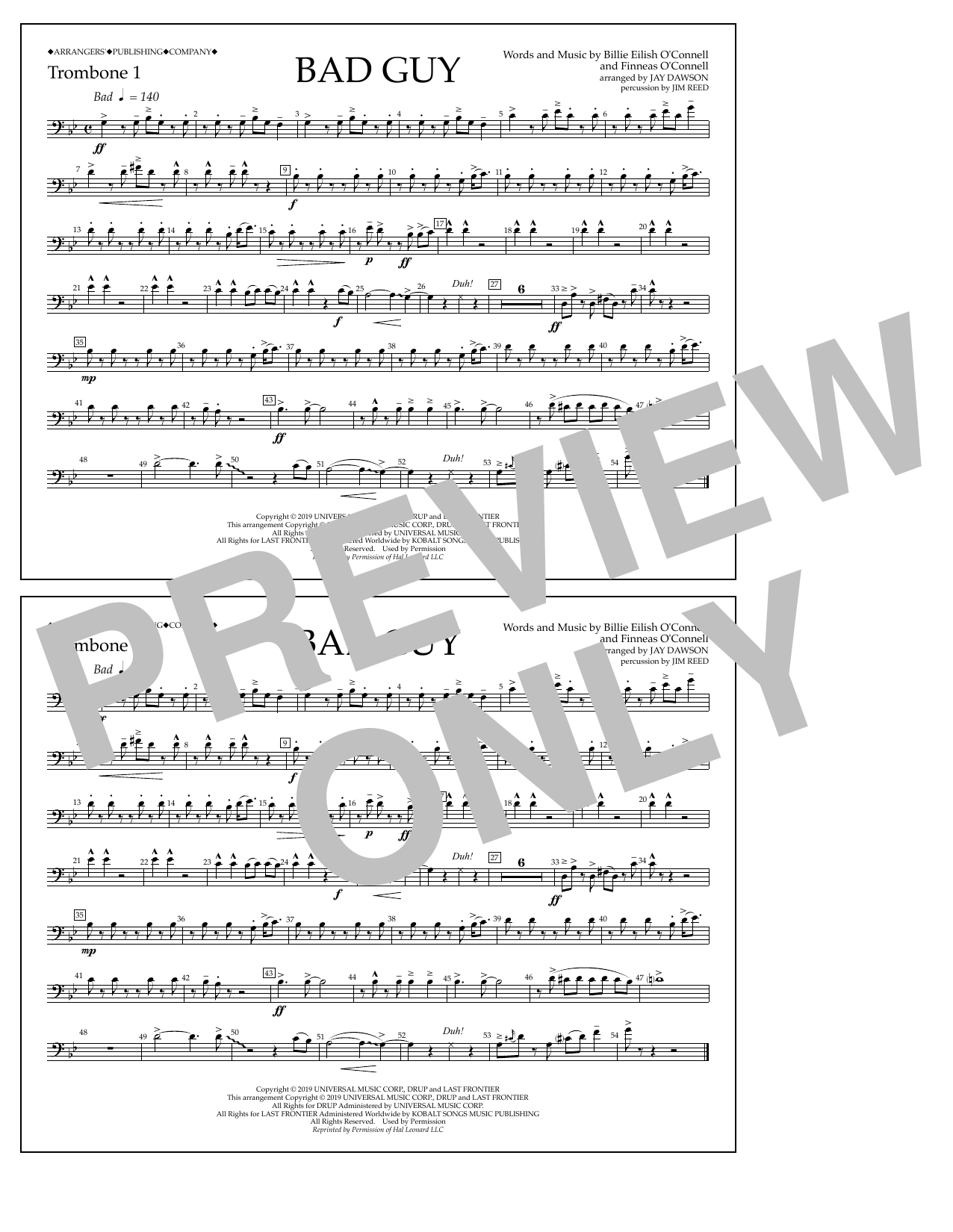 Download Billie Eilish Bad Guy (arr. Jay Dawson) - Trombone 1 Sheet Music