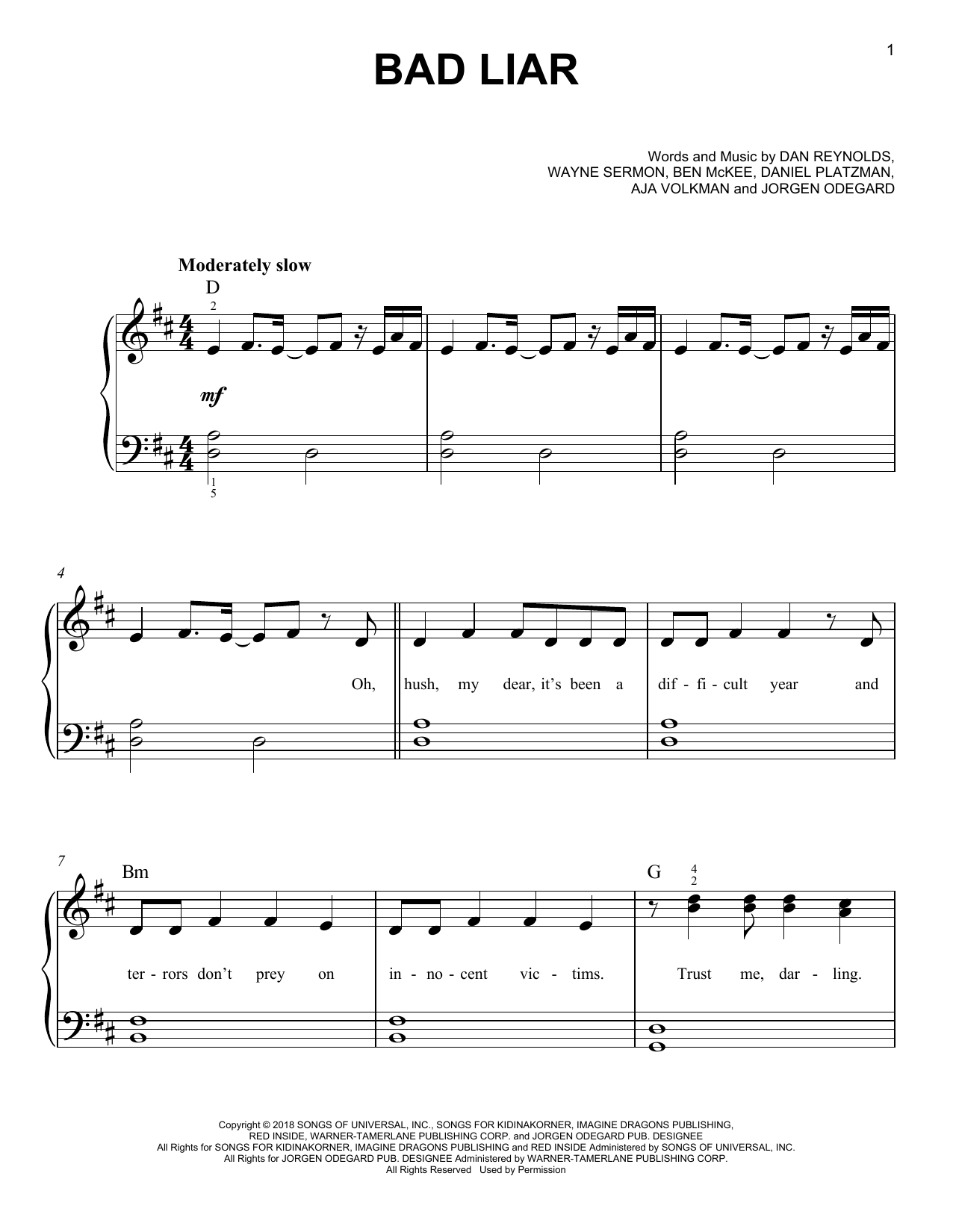 Imagine Dragons Bad Liar sheet music notes printable PDF score
