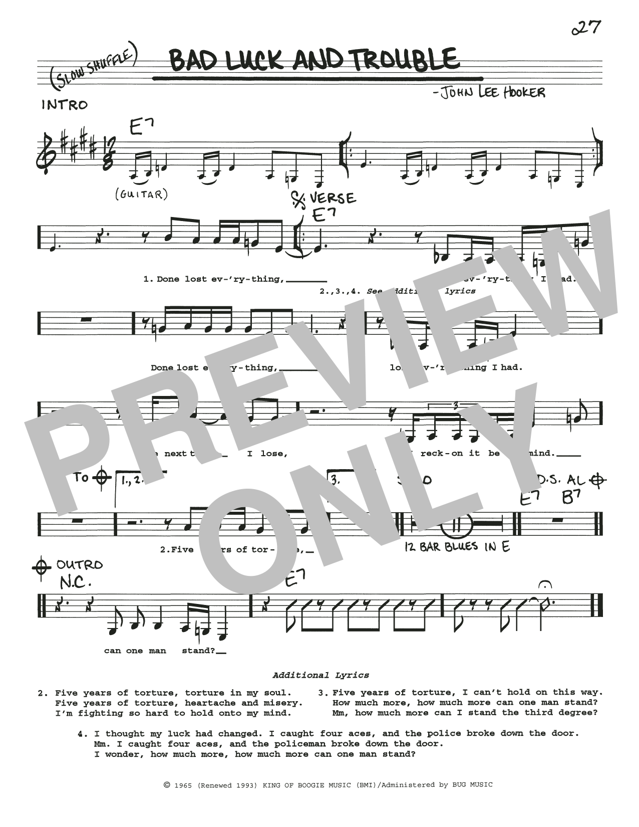 Download John Lee Hooker Bad Luck And Trouble Sheet Music