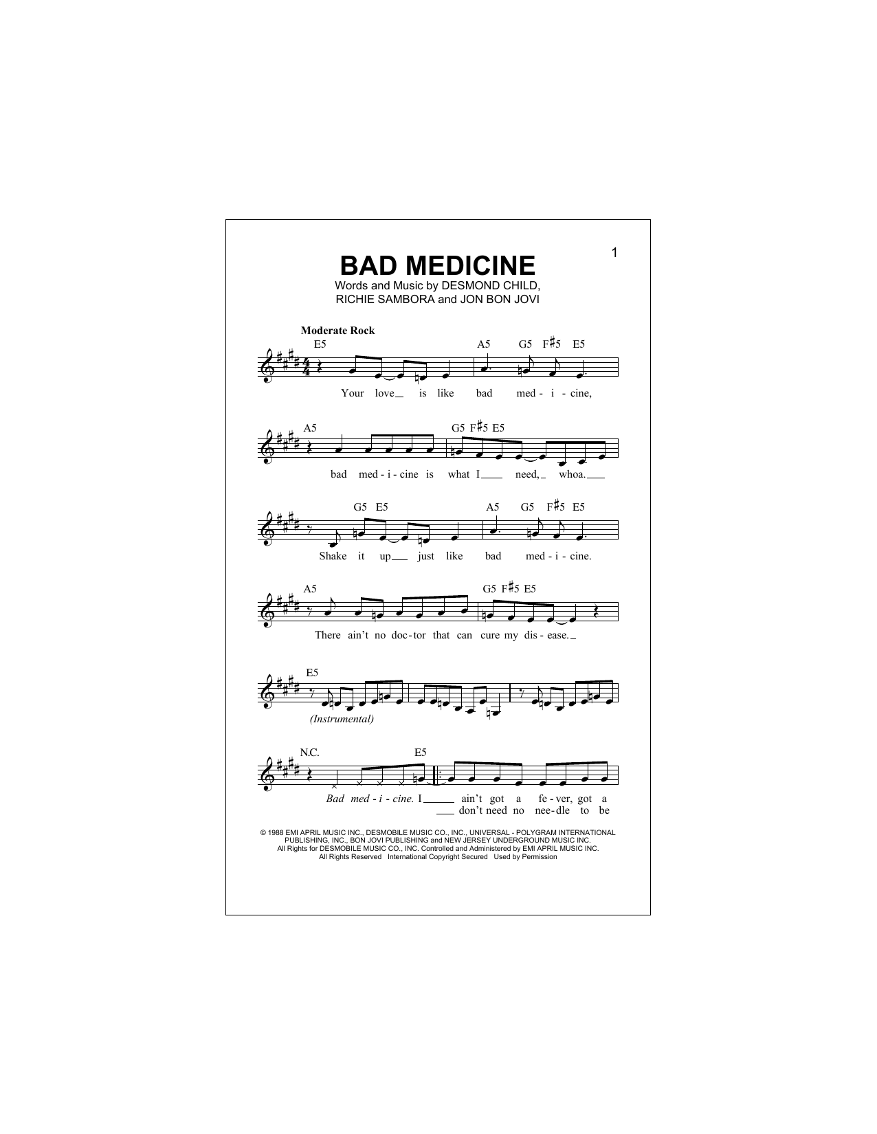 Download Bon Jovi Bad Medicine Sheet Music