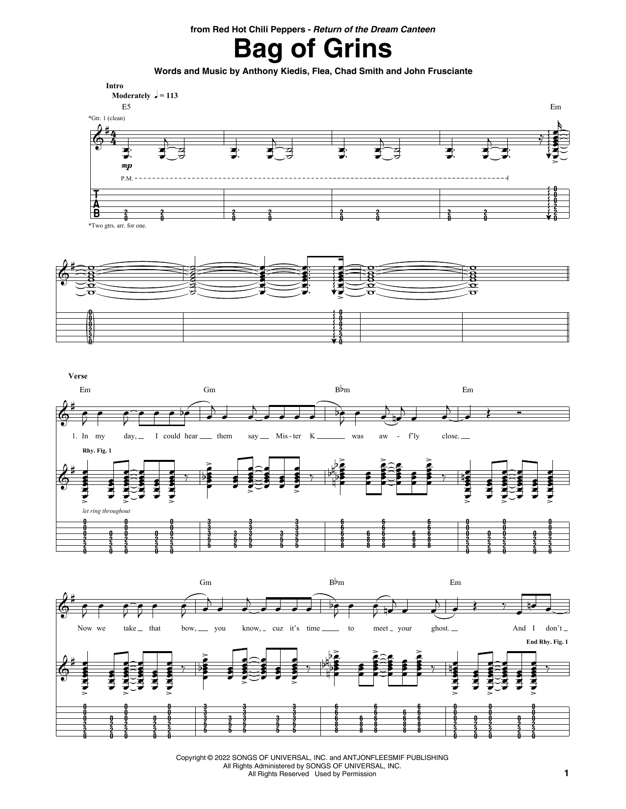 Download Red Hot Chili Peppers Bag Of Grins Sheet Music