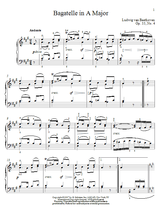 Download Ludwig van Beethoven Bagatelle In A Major, Op. 33, No. 4 Sheet Music