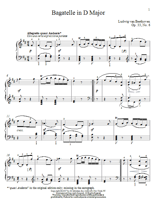 Download Ludwig van Beethoven Bagatelle In D Major, Op. 33, No. 6 Sheet Music