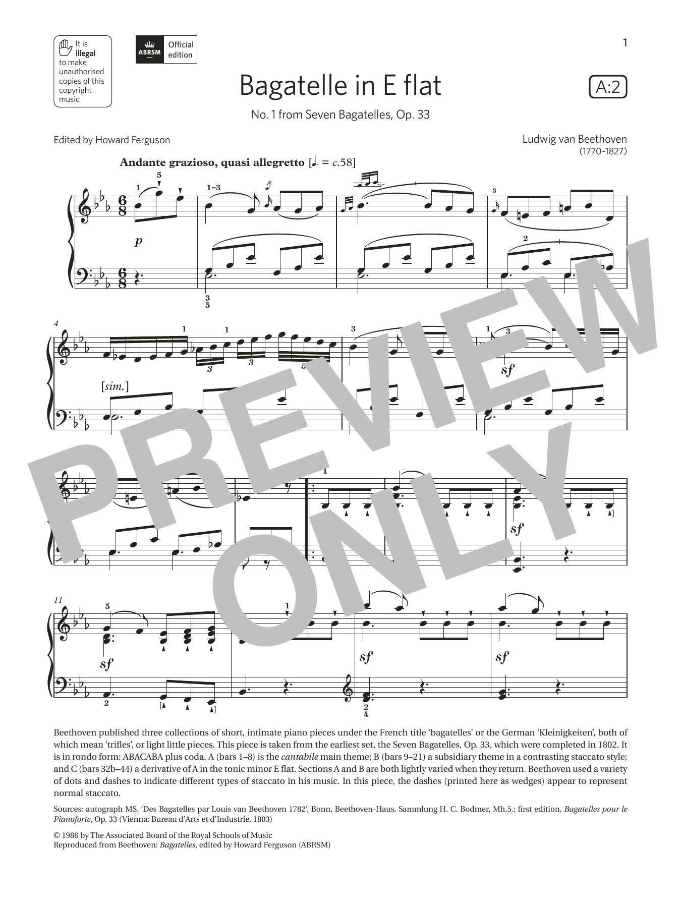 Download Ludwig van Beethoven Bagatelle in E flat (Grade 7, list A2, Sheet Music