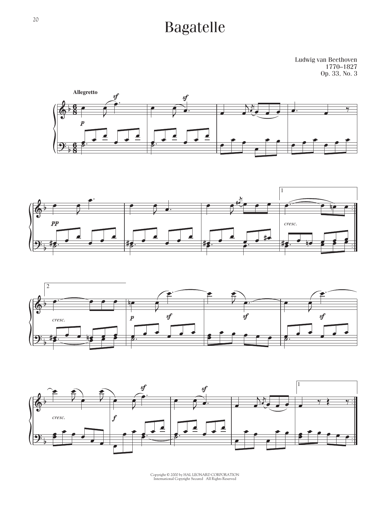 Ludwig van Beethoven Bagatelle In F Major, Op. 33, No. 3 sheet music notes printable PDF score
