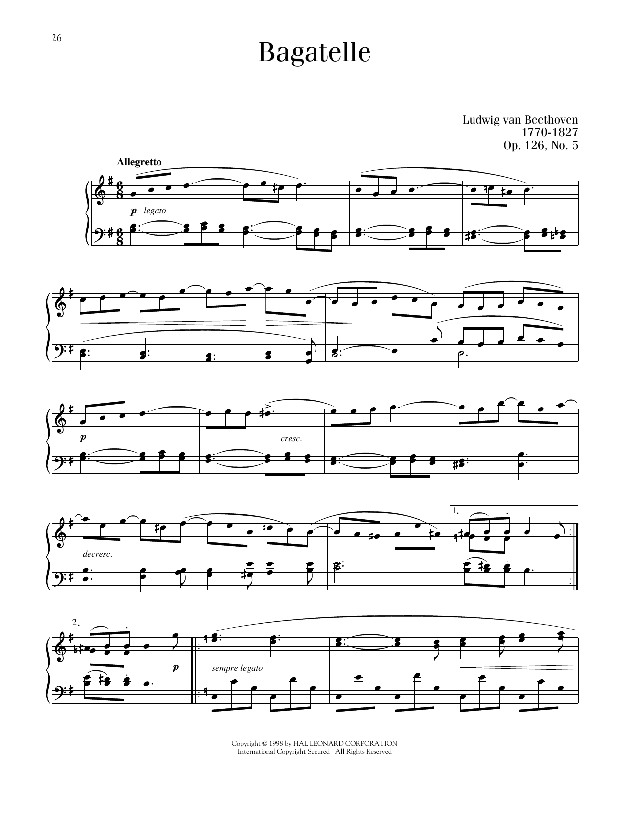 Ludwig van Beethoven Bagatelle In G Major, Op. 126, No. 5 sheet music notes printable PDF score