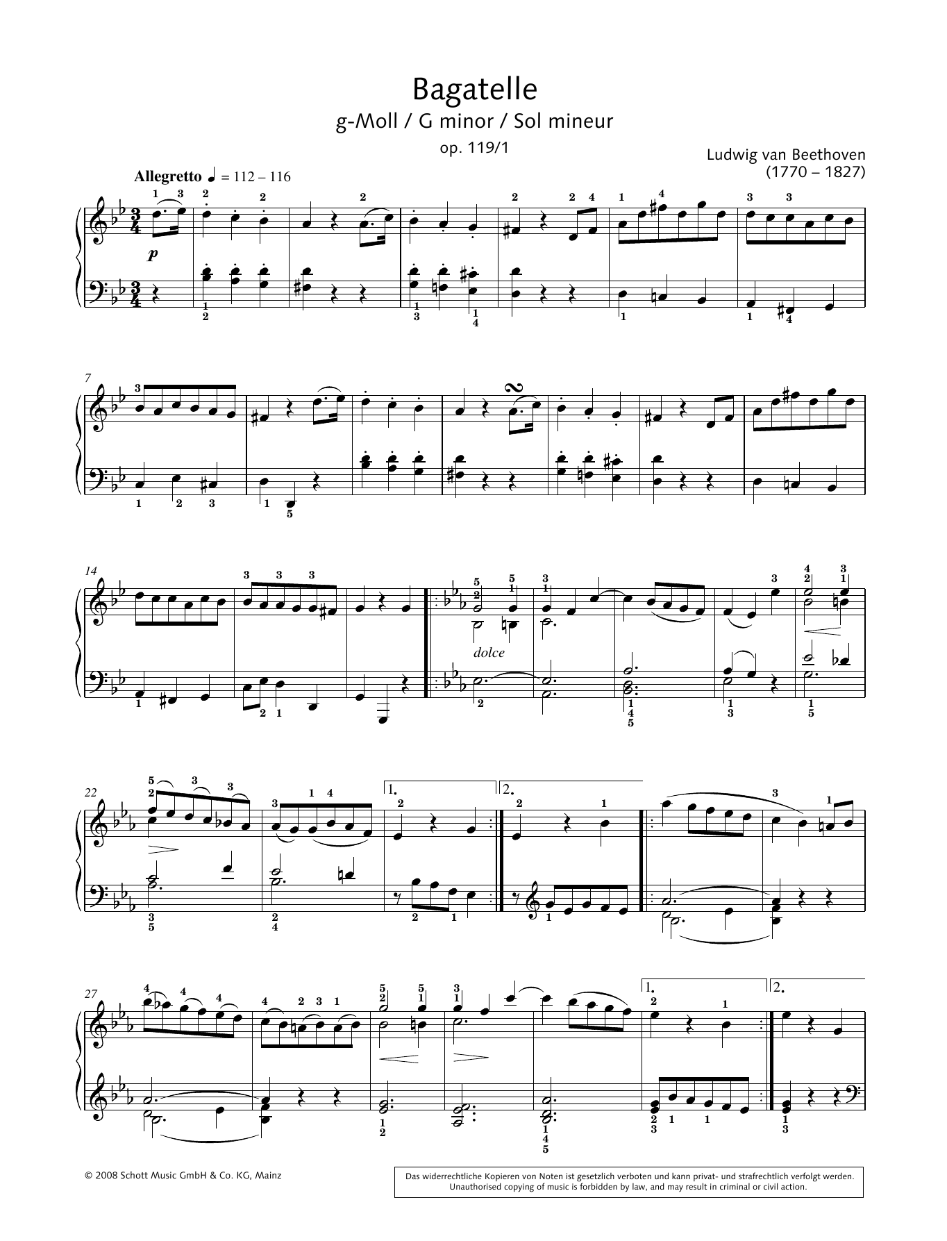 Download Ludwig van Beethoven Bagatelle in G minor Sheet Music