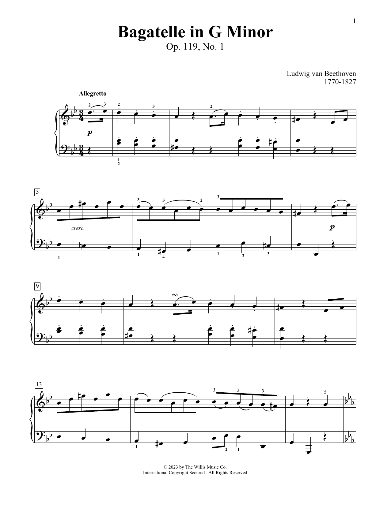 Ludwig van Beethoven Bagatelle In G Minor, Op. 119, No. 1 sheet music notes printable PDF score