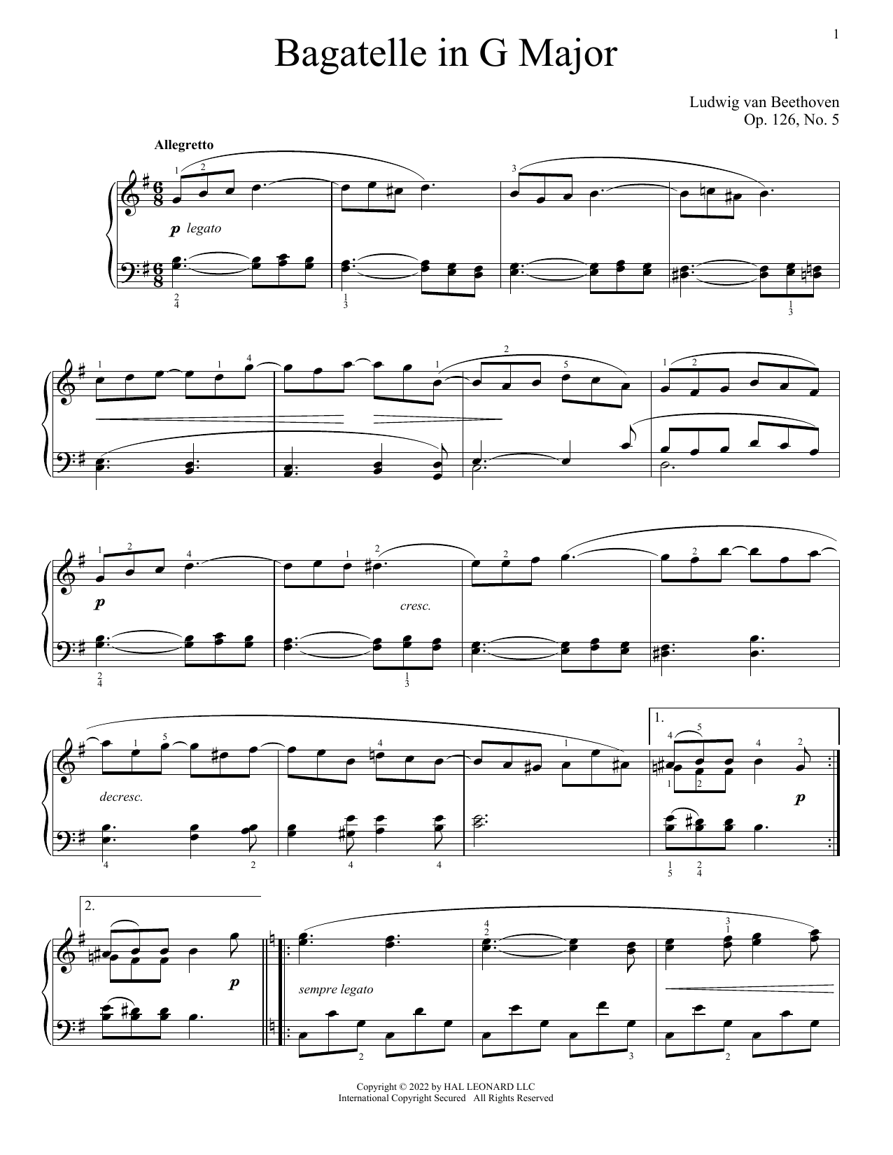Download Ludwig van Beethoven Bagatelle in G, Op. 126, No. 5 Sheet Music
