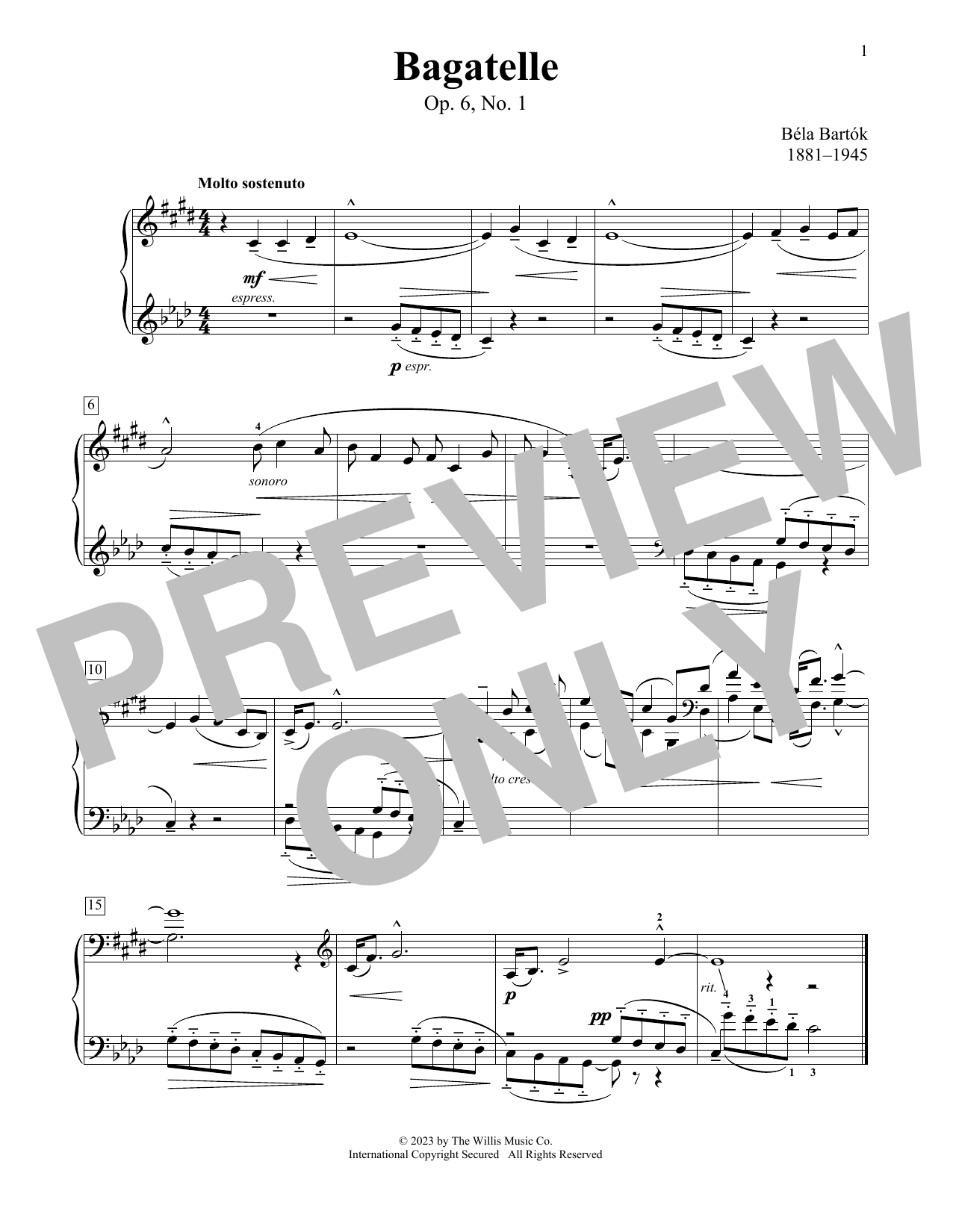Bela Bartok Bagatelle, Op. 6, No. 1 sheet music notes printable PDF score