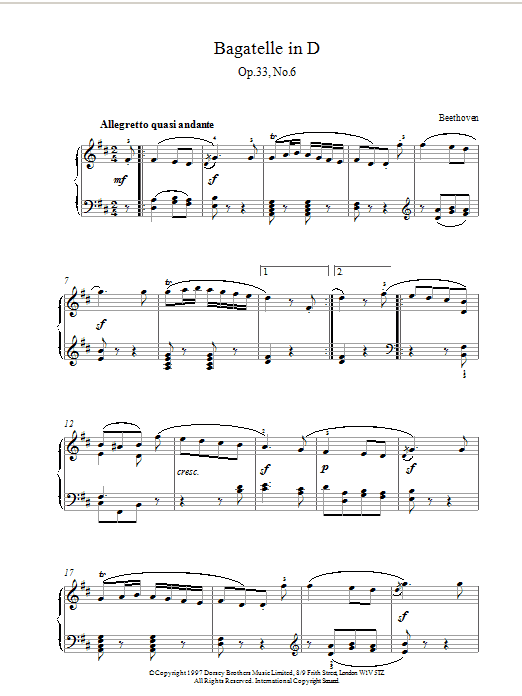 Ludwig van Beethoven Bagatelle In D Major, Op.33 No.6 sheet music notes printable PDF score