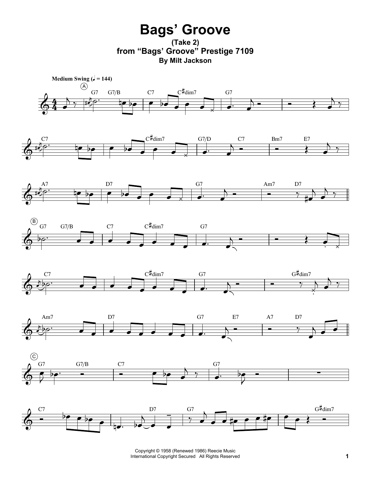 Miles Davis Bags' Groove (Take 2) sheet music notes printable PDF score