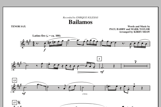 Download Kirby Shaw Bailamos - Tenor Sax Sheet Music