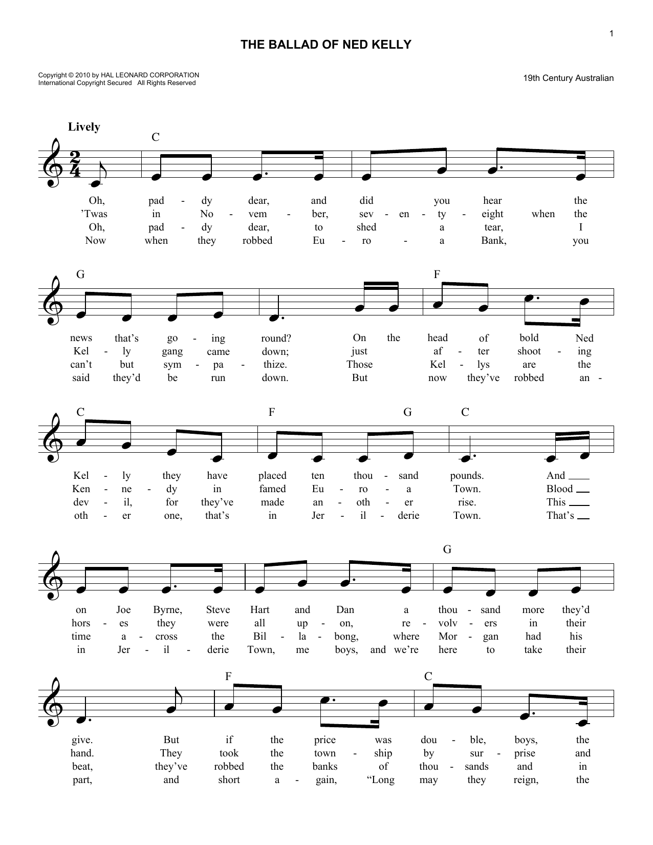 Download Australian Folksong Ballad Of Ned Kelly Sheet Music