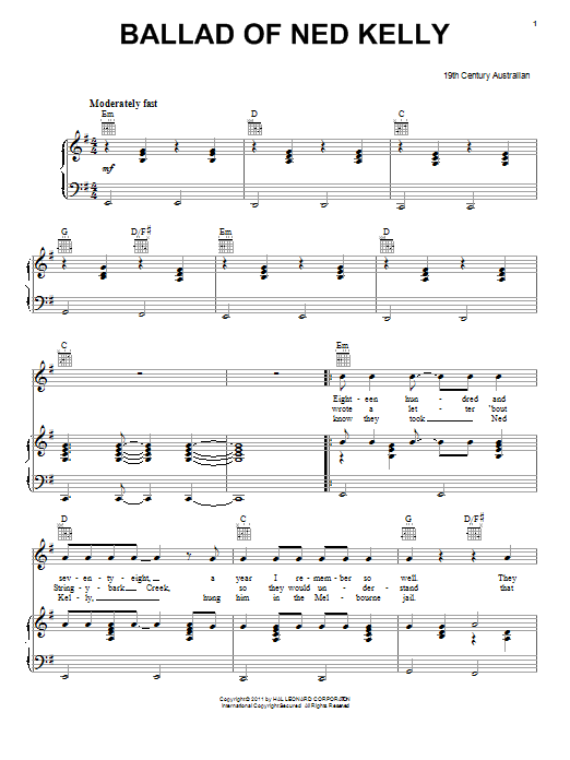 Download Australian Folksong Ballad Of Ned Kelly Sheet Music