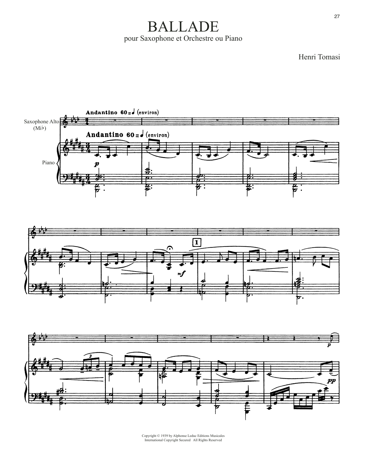 Download Henri Tomasi Ballade Sheet Music