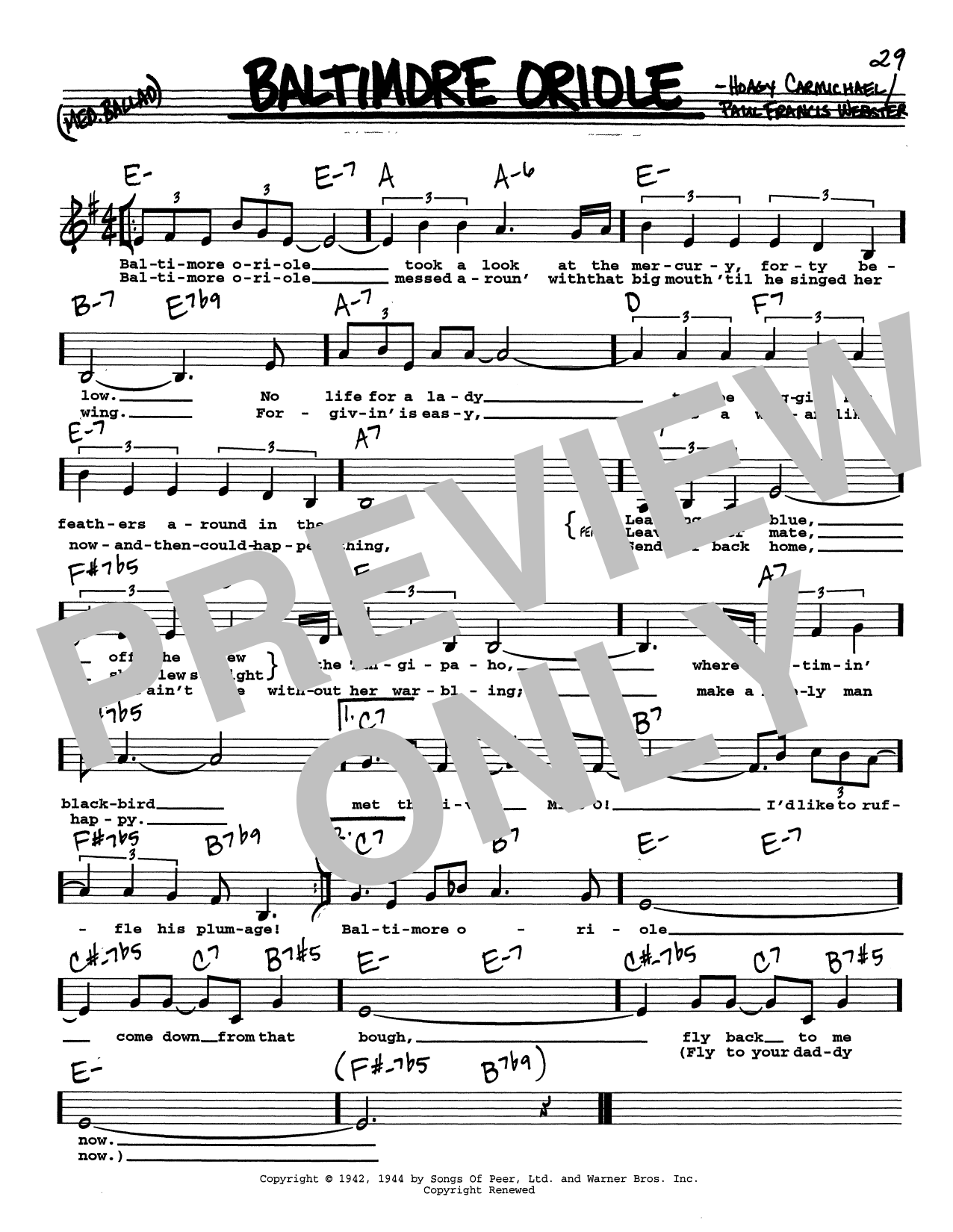 Hoagy Carmichael Baltimore Oriole (Low Voice) sheet music notes printable PDF score