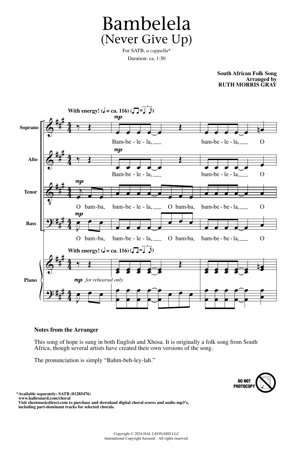 South African Folksong Bambelela (Never Give Up) (arr. Ruth Morris Gray) sheet music notes printable PDF score