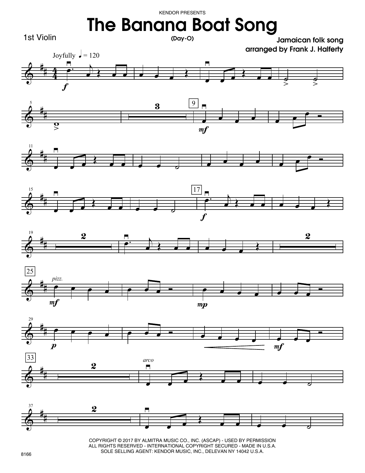 Frank J. Halferty Banana Boat Song, The (Day-O) - 1st Violin sheet music notes printable PDF score