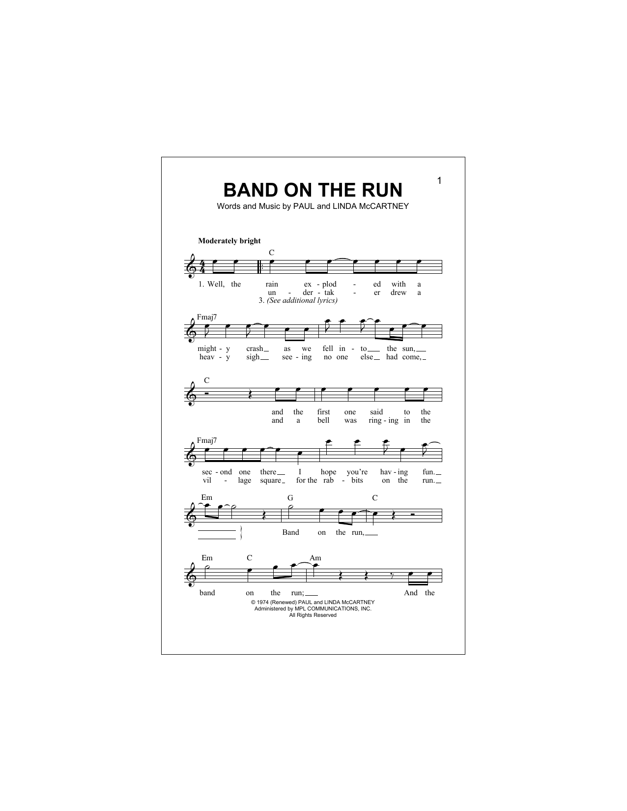 Download Paul McCartney and Wings Band On The Run Sheet Music