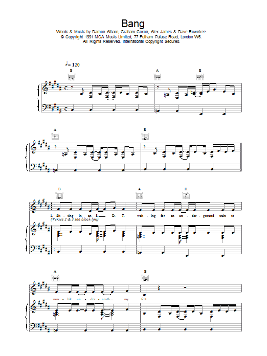 Blur Bang sheet music notes printable PDF score
