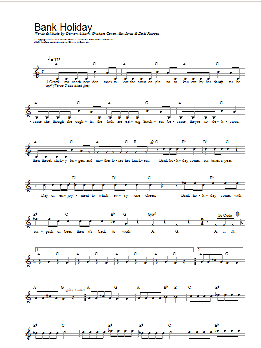 Blur Bank Holiday sheet music notes printable PDF score