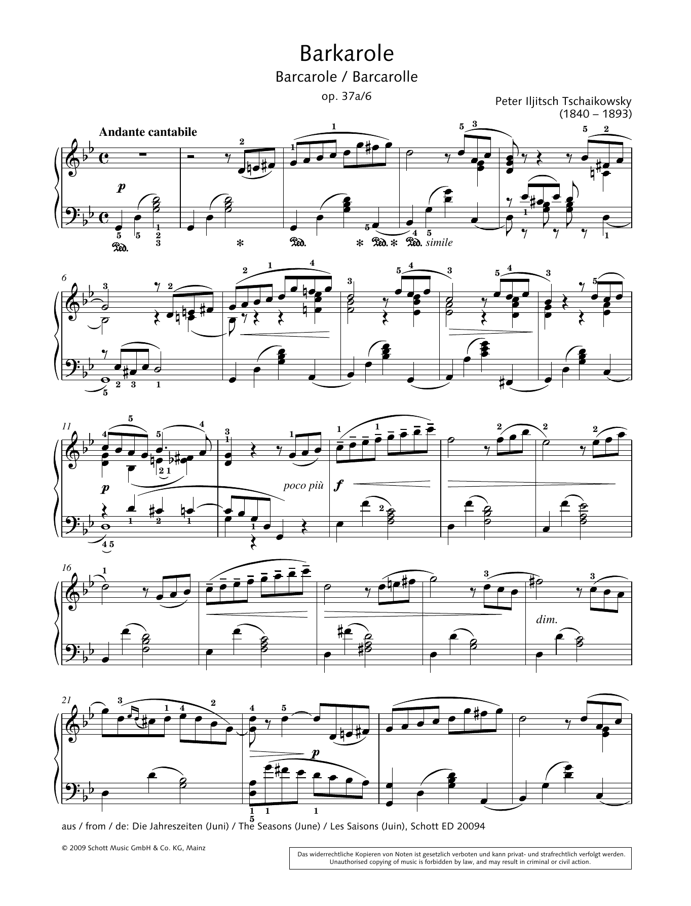 Download Pyotr Il'yich Tchaikovsky Barcarole Sheet Music