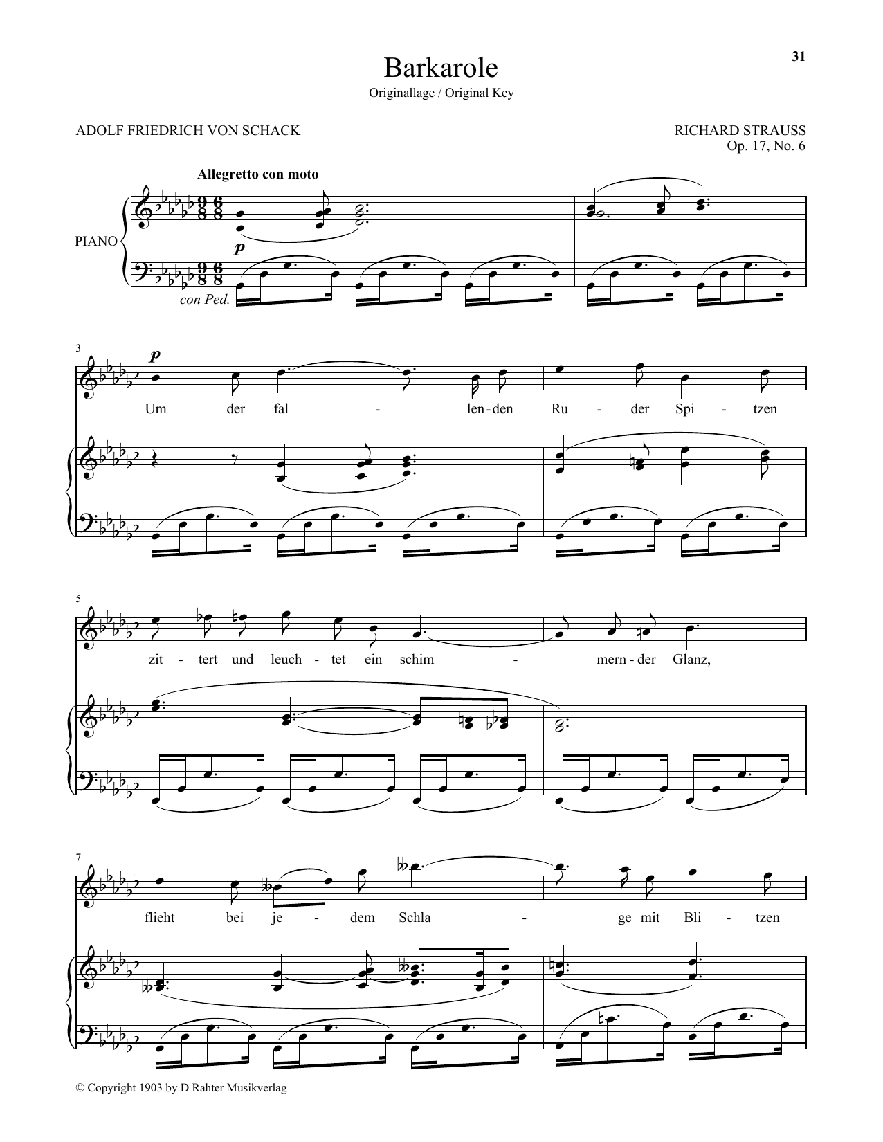 Download Richard Strauss Barkarole (High Voice) Sheet Music