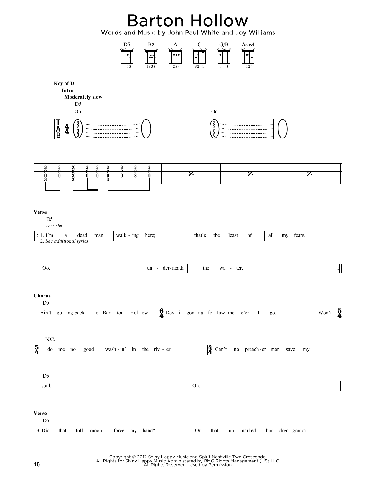 The Civil Wars Barton Hollow sheet music notes printable PDF score