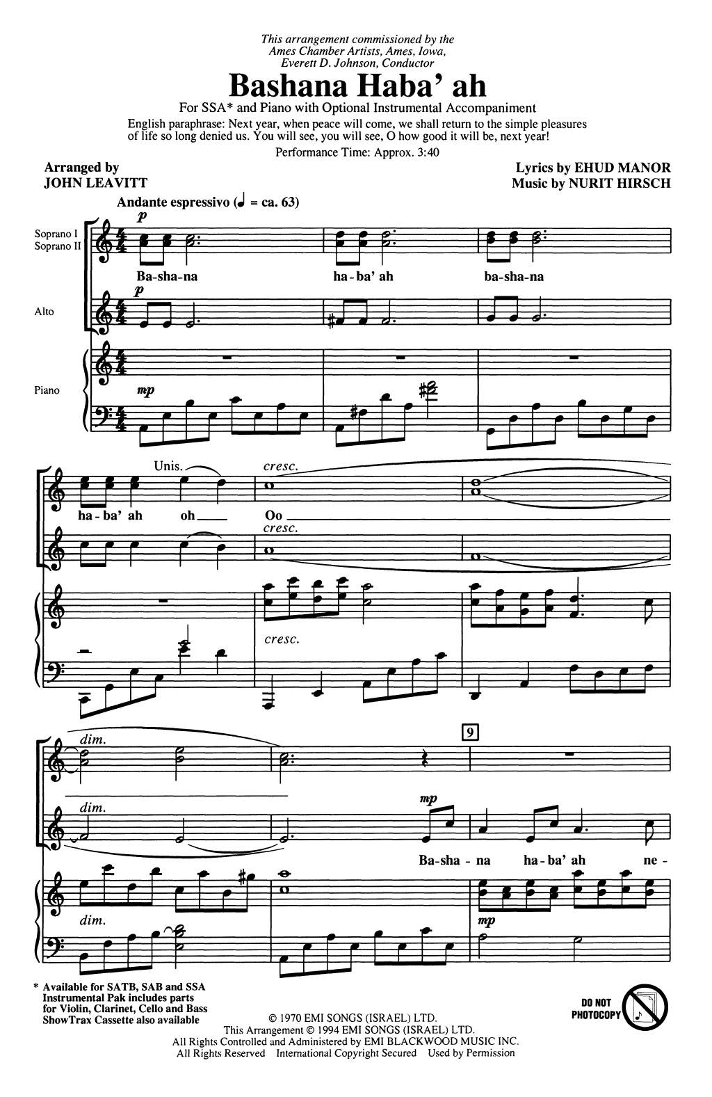 Nurit Hirsh Bashana Haba'ah (arr. John Leavitt) sheet music notes printable PDF score