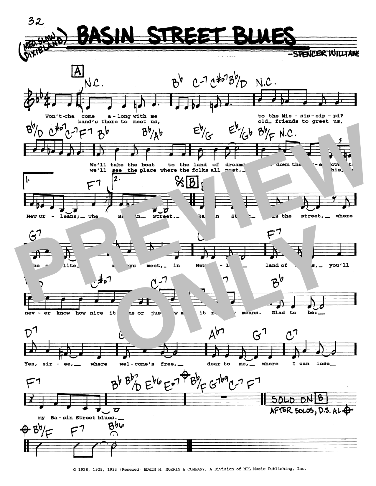 Spencer Williams Basin Street Blues (Low Voice) sheet music notes printable PDF score