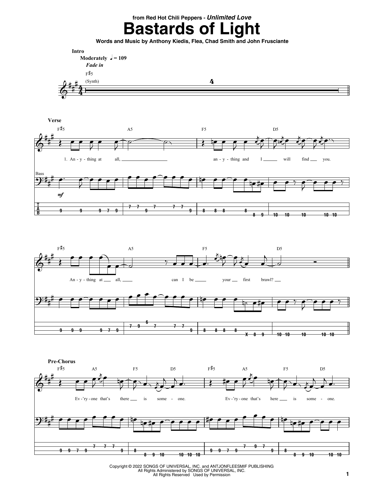 Download Red Hot Chili Peppers Bastards Of Light Sheet Music